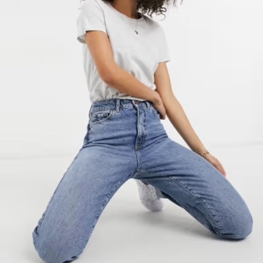 ASOS DESIGN Tall high rise relaxed mom jeans in mid blue